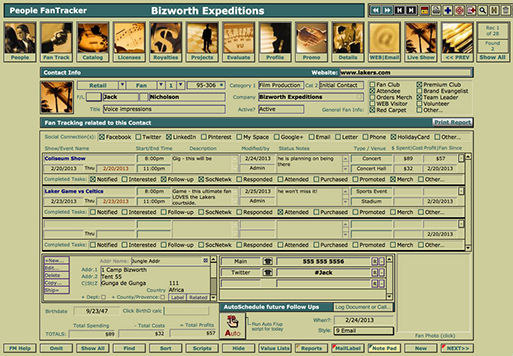 This layout lets you track data related to each Fan record in your PEOPLE file.  A number of checkboxes are available to assign attributes.