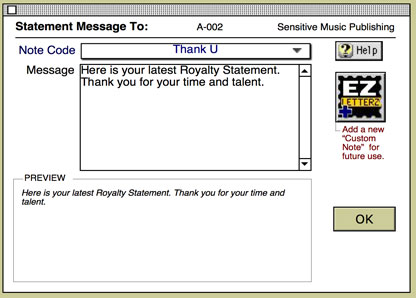 This layout provides a place to include an optional/custom message that appears on the Royalty Statement.